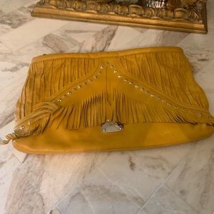 Jimmy Choo XL yellow leather fringe clutch